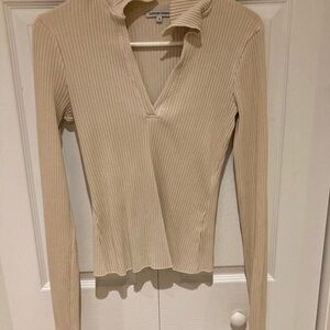 Cotton Citizen Beige Ribbed V-Neck Long Sleeve Top